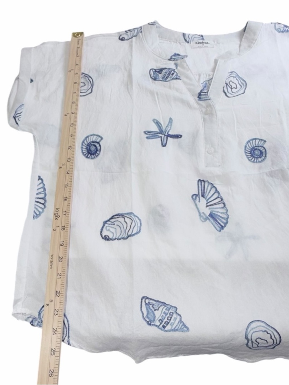 Kindred 1X Coastal Seashell Print Tunic Blouse White Blue NWT Beachy Summer - Picture 2 of 8